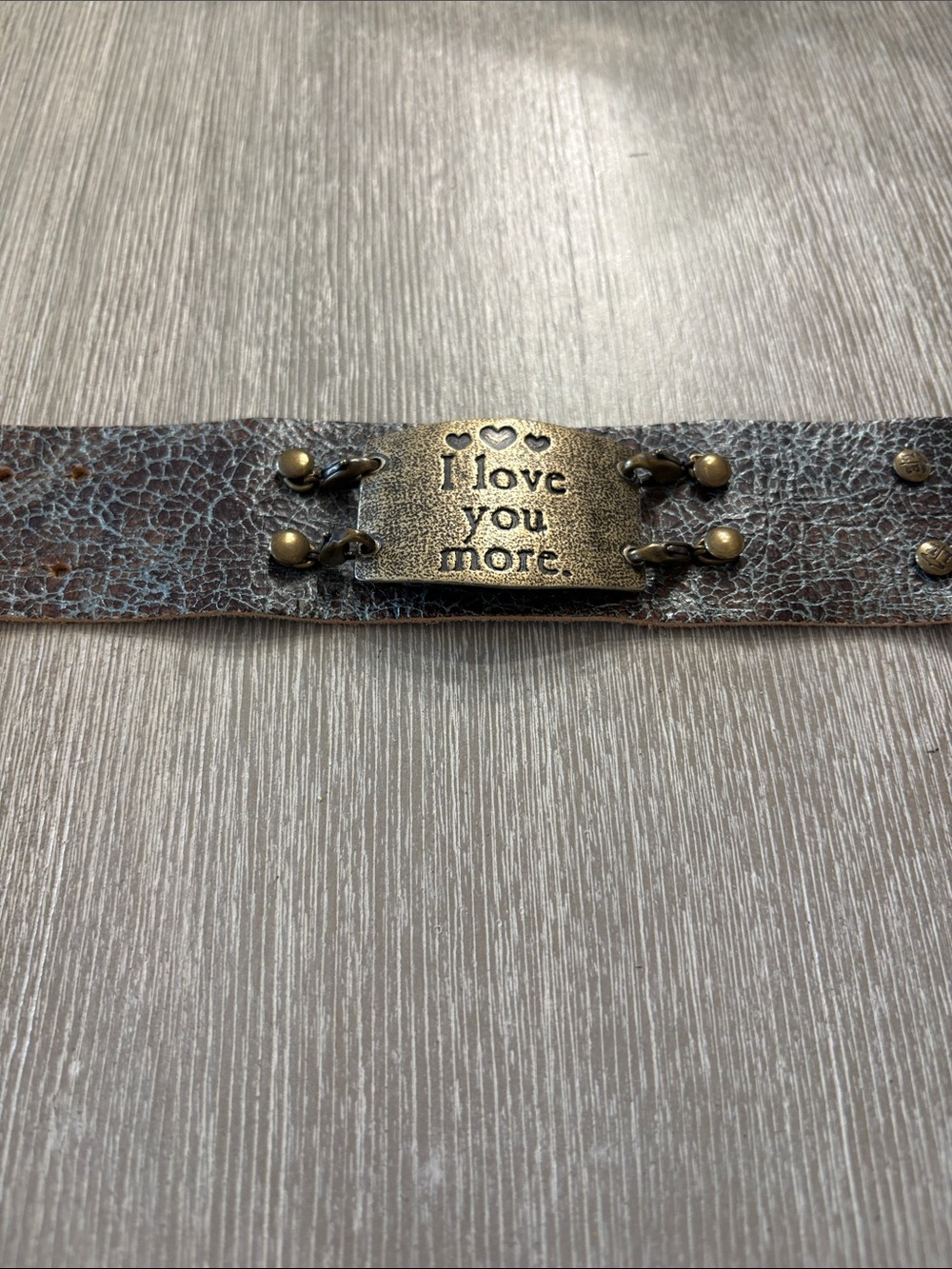 Distressed Brown Leather Bracelet with Antique Brass 'I Love You More' Plate